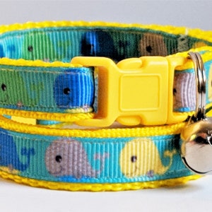 Cat Collar - Kitten Collar - Cat Collar with Happy Whales - Girl or Boy Cat Collar - Adjustable Breakaway Cat Collar with Removable Bell