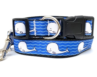 Dog Collar & (Optional) Leash with Whales - Nautical Themed Dog Collar-Blue Ocean Themed Dog Collar - Large or Small Boy or Girl Dog Collar