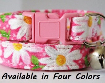 Fabric Cat Collar - Kitten Collar - Pink, Purple, Blue or Black Cat Collar with Daisies -Girl Cat Collar - Breakaway Collar & Removable Bell