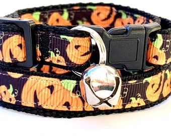 Halloween Cat or Kitten Collar with  Pumpkins— Adjustable Orange and Black Breakaway Cat Collar with Removable Bell