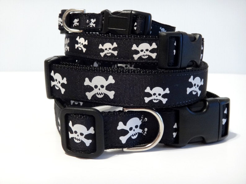 Adjustable Dog Collar Skull and Cross Bones Dog Collar Small or Large Halloween Dog Collar in Black and White image 1