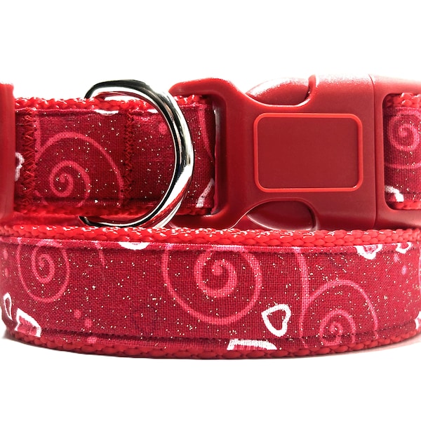 Glittery Red Valentine Dog Collar and (optional) Leash Set with Pink and White Hearts - Small or Large Fabric Dog Collar for Valentines Day