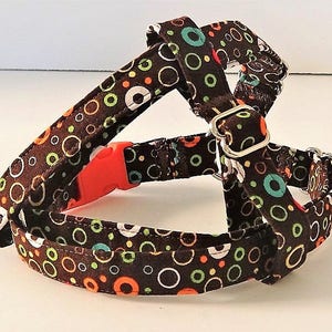 Dog Harness & (optional) Leash - Fabric Step-in Dog Harness - Brown Harness with Retro Style Circles-Boy Dog Harness-Dog Collar Alternative