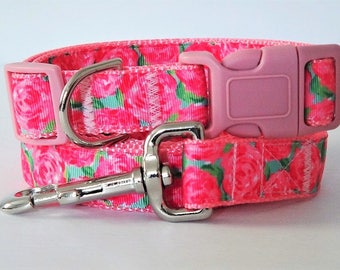 Pink Floral Dog Collar and (optional) Leash Set - Adjustable Girl Dog Collar for Small or  Large Dog Collar
