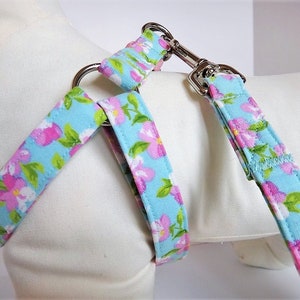 Girl Dog Harness and (optional) Leash - Pretty Pansy Dog Harness - Fabric Step-in Dog Harness with Pink Flowers- Dog Collar Alternative