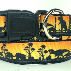 Dinosaur Dog Collar and (optional) Leash Set- Prehistoric Dinosaurs at Sunset-Adjustable Small or Large Dog Collar with Dinosaur Silhouette