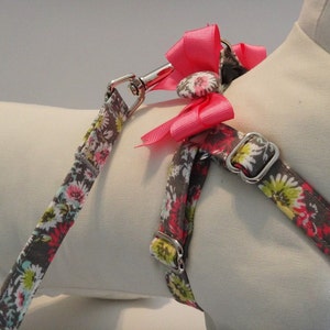 Floral Dog Harness and optional Leash Grey and Pink Fabric Step-in Dog Harness with Bows Girl Dog Harness or Dog Collar Alternative image 5