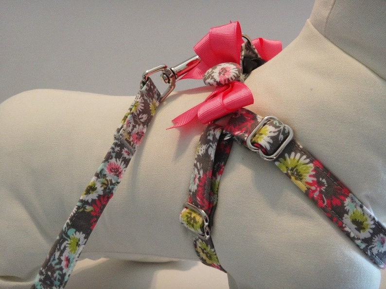 Floral Dog Harness and optional Leash Grey and Pink Fabric Step-in Dog Harness with Bows Girl Dog Harness or Dog Collar Alternative image 5