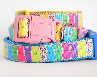 Easter Dog Collar & (Optional) Leash-Peeps Dog Collar-Pink Yellow or Blue  Dog Collar-Large or Small Boy or Girl Dog Collar with Bunny