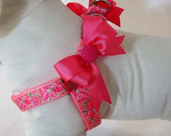 Step-in Dog Harness and (optional) Leash - Pink Dog Harness - Girl Dog Harness with Flowers and Pink  Bows - Dog Collar Alternative