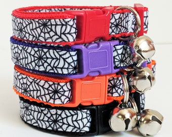 Halloween Cat Collar with Spider Webs - Kitten Collar - Cat Collar with Removable Bell - Adjustable Orange and Black Breakaway Cat Collar