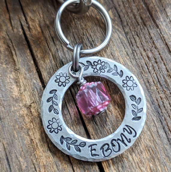 Girl Dog Tag - Pet Name Tag - Dog Name Tag with Flowers and Crystal Bead - Cat Name Tag- 1" Aluminum Washer - Hand Stamped Dog Tag