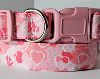 Valentine Dog Collar - Pink Fabric Dog Collar with Pink and White Hearts - Small Dog Collar - Large Dog Collar - Girl Dog Collar