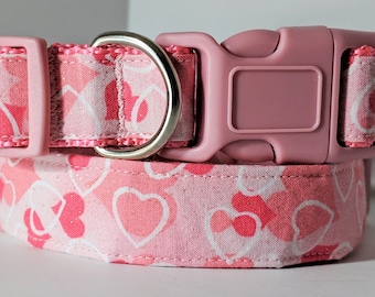 Valentine Dog Collar - Pink Fabric Dog Collar with Pink and White Hearts - Small Dog Collar - Large Dog Collar - Girl Dog Collar