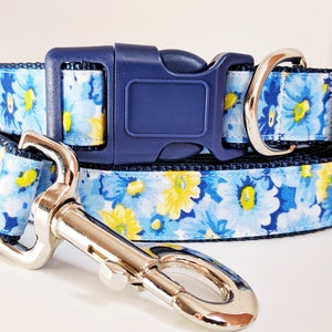 Floral Girl Dog Collar & (optional) Leash - Pretty Fabric Dog Collar with Flowers - Blue and Yellow Small or Large Dog Collar