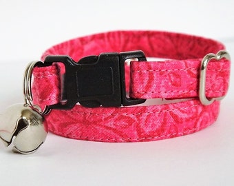 Pink Fabric Cat Collar - Kitten Collar - Girl Cat Collar with Large Flowers - Breakaway Cat Collar with Removable Bell