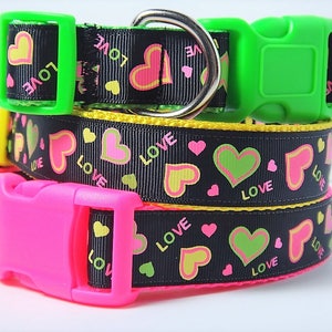 Valentine Dog Collar Bright Hearts - Neon Female Dog Collar with Love - Large Girl or Boy Dog Collar - Adjustable Dog Collar