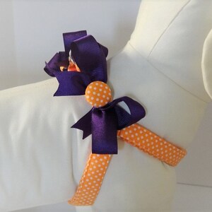 Dog Harness and (optional) Leash - Clemson Inspired Fabric Step-in Dog Harness -Girl Dog Harness-Orange Polka Dot Harness with Purple Bows