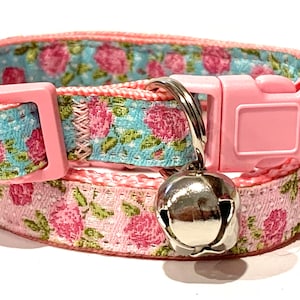 Pretty Floral Cat or Kitten Collar in Pink or Aqua - Breakaway Girl Cat Collar with Removable Bell