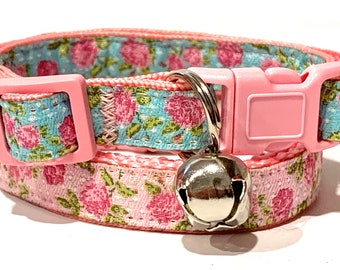 Pretty Floral Cat or Kitten Collar in Pink or Aqua - Breakaway Girl Cat Collar with Removable Bell