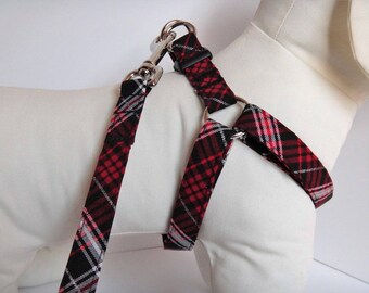 Dog Harness and (optional) Leash - Red and Black "Lumberjack" Plaid Harness - Boy Dog Harness - Fabric Step-in Dog Harness