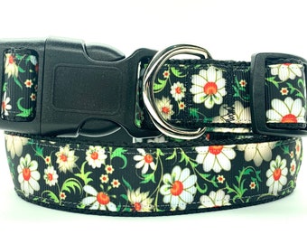 Floral Dog Collar and (optional) Leash Set - Girl Dog Collar with Daisies - Adjustable Dog Collar with Flowers- Small or Large Dog Collar