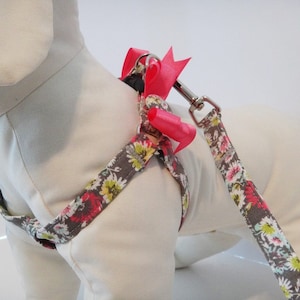 Floral Dog Harness and (optional) Leash - Grey and Pink Fabric Step-in Dog Harness with Bows- Girl Dog Harness or Dog Collar Alternative