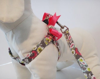 Floral Dog Harness and (optional) Leash - Grey and Pink Fabric Step-in Dog Harness with Bows- Girl Dog Harness or Dog Collar Alternative