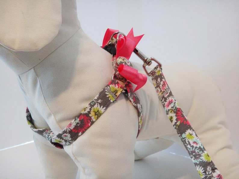 Floral Dog Harness and optional Leash Grey and Pink Fabric Step-in Dog Harness with Bows Girl Dog Harness or Dog Collar Alternative image 1