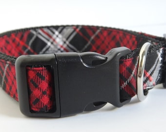 Christmas Dog Collar - Winter Plaid Fabric Dog Collar - Small or Large Dog Collar - Red and Black Plaid Dog Collar for a Girl or Boy Dog