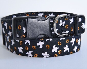 Halloween Dog Collar - Black Fabric Dog Collar with Ghosts and Pumpkins - Small or Large Dog Collar - Autumn / Fall Dog Collar-Spooky Collar