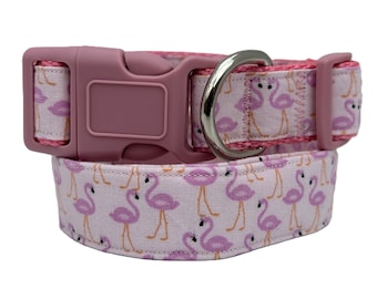 Flamingo Dog Collar - Tropical Fabric Dog Collar with Birds - Small or Large Pink Dog Collar