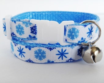Cat Collar - Kitten Collar -Christmas Breakaway Cat Collar - Blue Snowflake Cat Collar - Cute Cat Collar with Removable Bell