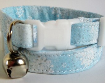 Winter / Christmas Cat Collar - Snowflake Kitten Collar with Glitter - Blue and White Fabric Christmas Cat Collar with Removable Bell