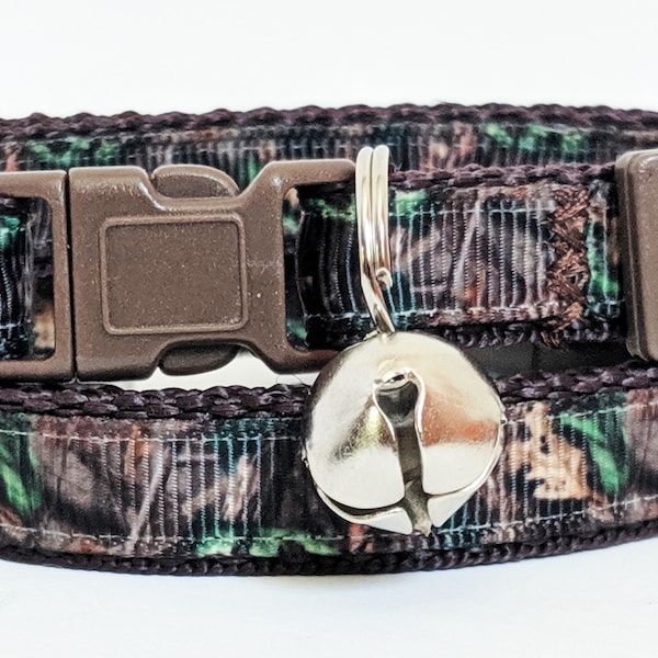 Cat Collar - Kitten Collar - Real Tree Camo Cat collar - Brown Boy Cat Collar -Adjustable Breakaway Cat Collar with Removable Bell