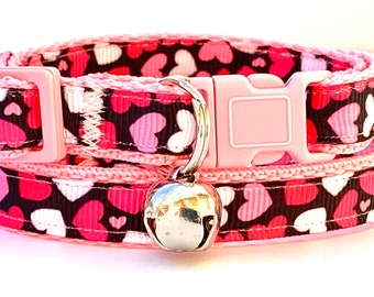 Pink Valentines Day Cat Collar with Colorful Hearts - Pink Kitten Collar with Hearts - Adjustable Breakaway Cat Collar with Removable Bell