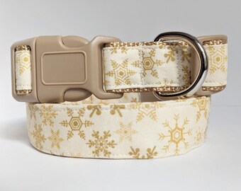 Snowflake Dog Collar & (Optional) Leash-Beige Winter Fabric Dog Collar -Small or Large Holiday Dog Collar for Girl or Boy Dog-Let It Snow
