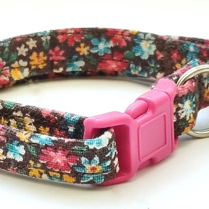 Floral Fabric Cat or Kitten Collar - Brown Girl Cat Collar with Colorful Tiny Flowers - Breakaway Cat Collar with Removable Bell