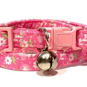 Pink Floral Fabric Cat Or Kitten Cat Collar - Breakaway Girl Cat Collar with Removable Bell