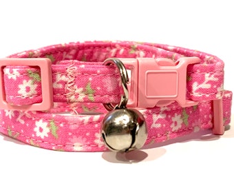 Pink Floral Fabric Cat Or Kitten Cat Collar - Breakaway Girl Cat Collar with Removable Bell