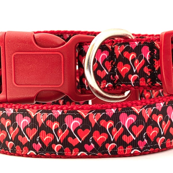 Girl Dog Collar and (optional) Leash Set with Hearts - Red Dog Collar with Whimsy Hearts - Small or  Large Valentine  Dog Collar