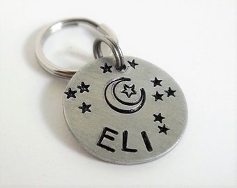 Cat Tag- Small Dog Tag with Crescent Moon and Stars - Hand Stamped Pet ID Tag -7/8" Round Aluminum Pet Tag - Celestial Collar Tag