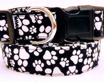 Dog Collar and (optional) Leash with Paw Prints - Black and White Fabric Dog Collar with for a Girl or Boy Dog - Small or Large Dog Collar