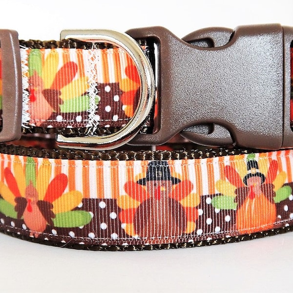 Turkey Dog Collar & (optional) Leash - Thanksgiving Dog Collar with Pilgrim Turkey Design - Medium or Large Dog Collar - Colorful Dog Collar