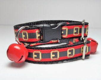 Christmas Cat Collar - Kitten Collar - Santa Belt Cat Collar - Adjustable Breakaway Cat Collar - Red Cat Collar with Removable Bell