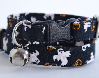 Halloween Cat Collar - Fabric Kitten Collar -  Black Cat Collar with Ghosts and Pumpkins - Breakaway Cat Collar with Removable Bell