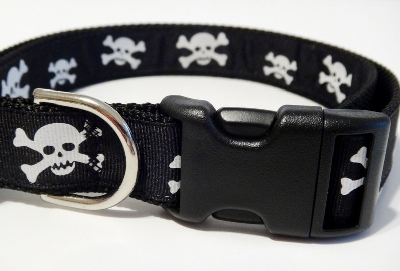 Adjustable Dog Collar Skull and Cross Bones Dog Collar Small or Large Halloween Dog Collar in Black and White image 3