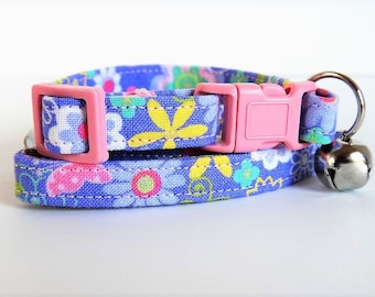 Purple Cat Collar - Kitten Collar - Purple Cat Collar with Pink Butterflies - Fabric Breakaway Cat Collar with Removable Bell