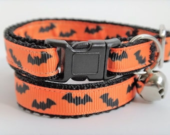 Halloween Cat Collar or Kitten Collar with Black Bats - Adjustable Orange and Black Breakaway Cat Collar with Removable Bell