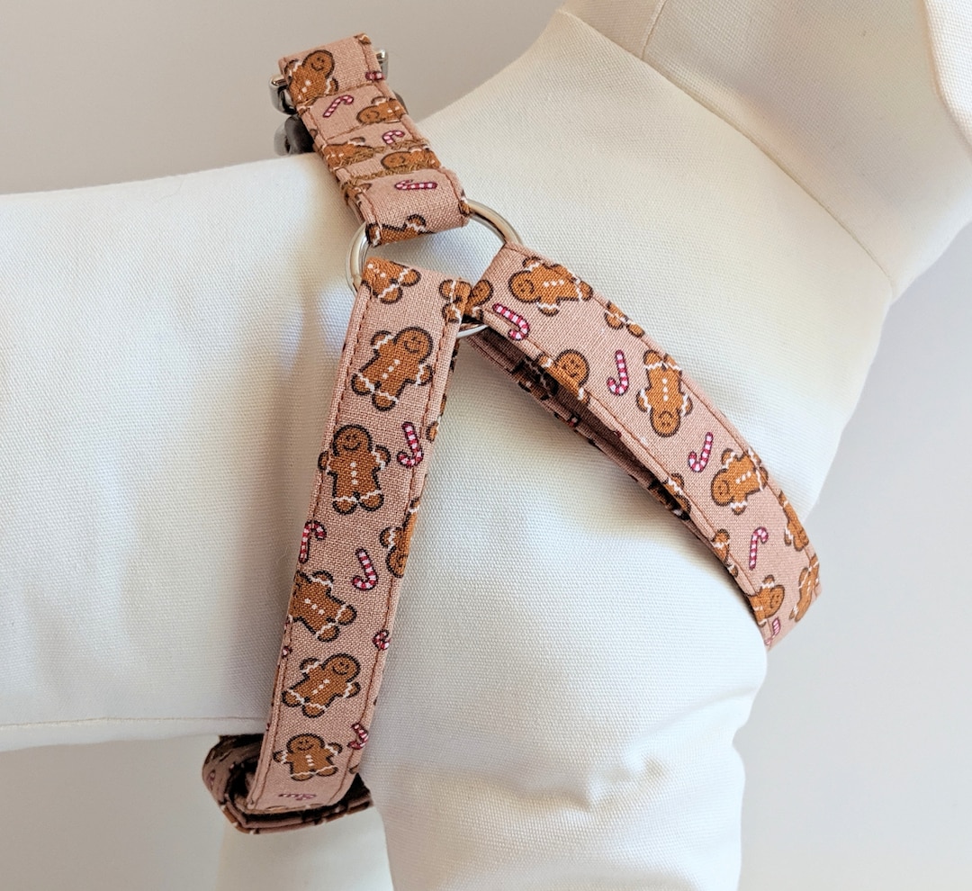 Christmas Dog Harness and optional Leash With Gingerbread Men Brown